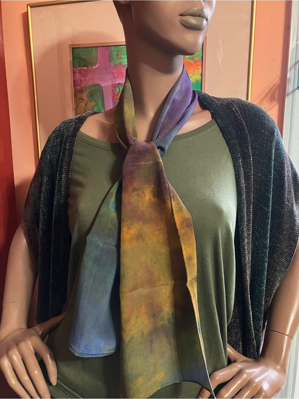 Hand-Dyed Silk Scarf in Purple and Olive Hues
